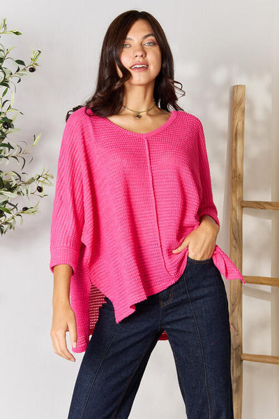 Full Size Round Neck High-Low Slit Knit Top