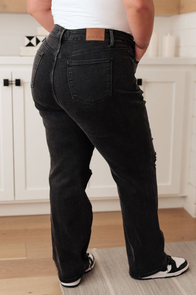 Judy Blue Susannah High Rise Rigid Magic 90's Distressed Straight Jeans in Black